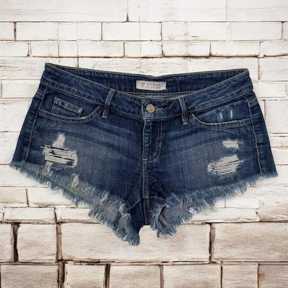 WOMEN'S GUESS CUT OFF DISTRESSED DENIM JEANS SHORTS Dark Blue Sz 26 Stretch Low - Picture 1 of 8